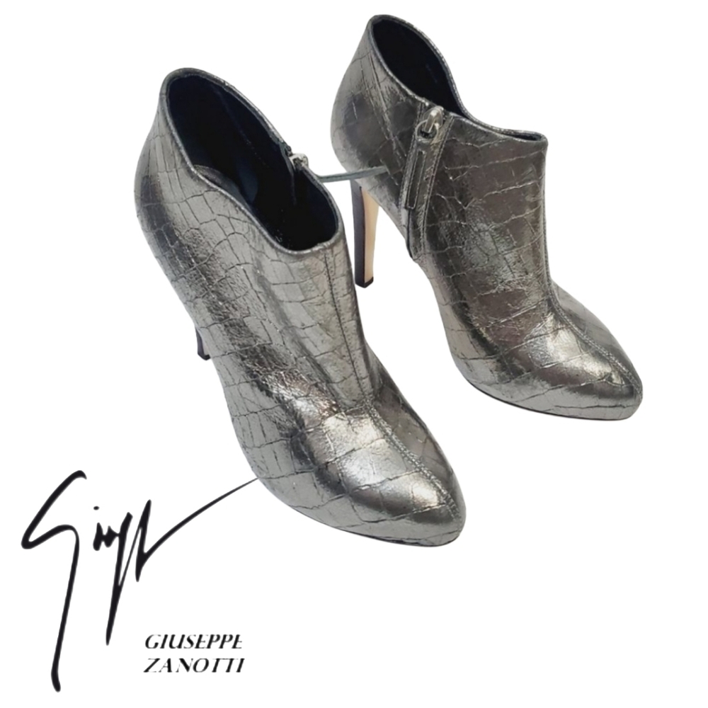 Giuseppe Zanotti Metallic embossed leather pewter high heel booties size 38.5